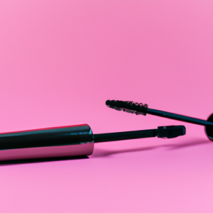 A mascara wand with a glistening tube of mascara next to it on a pink background.