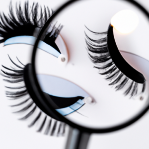 A close-up of a pair of magnetic eyelashes with a magnifying glass hovering over them.