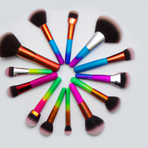 Brightly colored makeup brushes arranged in a fan shape.