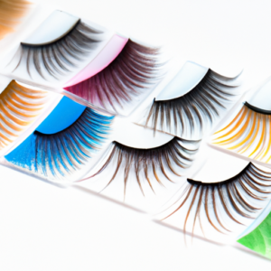 A close-up of a set of false eyelashes in a variety of colors against a white background.