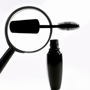 A tube of mascara with a magnifying glass hovering above it.