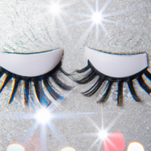 A closeup of a pair of false eyelashes with a magnet in the center, surrounded by a halo of sparkles.