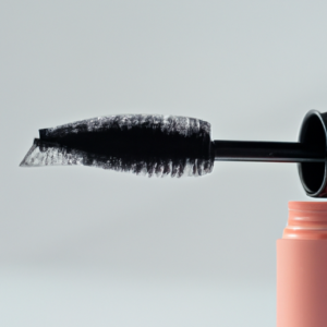 A close-up of a tube of mascara with full, curled eyelashes extending out of the top.