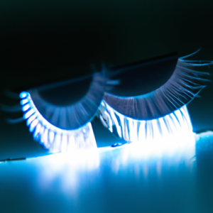 A closeup of a pair of magnetic eyelashes, with a faint blue light glowing around them.