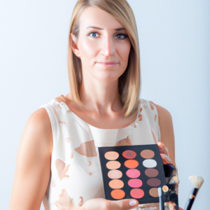 A woman with a neutral-toned palette of makeup products on a light-colored background.