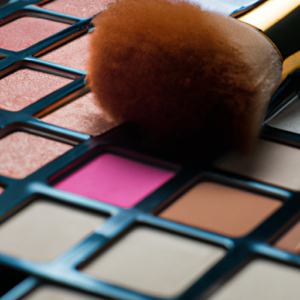 A close-up of a makeup brush next to a palette of contouring colors.