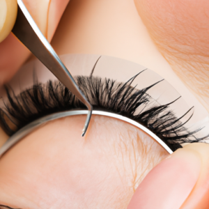 A close-up of a hand applying false eyelashes with tweezers.