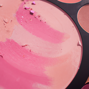 A close-up of a pink blush palette with brush strokes and swirls.