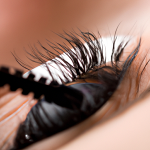 A close-up of mascara being applied to a set of false eyelashes.