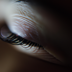 A close-up of a pair of eyelashes with a light and soft light illuminating them.