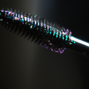 A close-up of a mascara wand with a glittery, shimmery, iridescent effect.