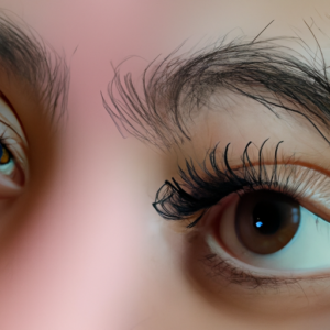 A pair of eyes with a faded image of eyelashes in the background.